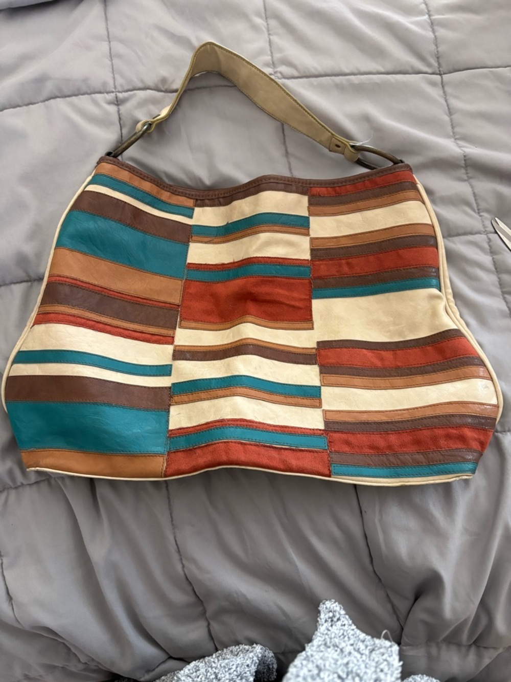 Striped Patchwork Leather Hobo Bag - Teal, Rust & Cream